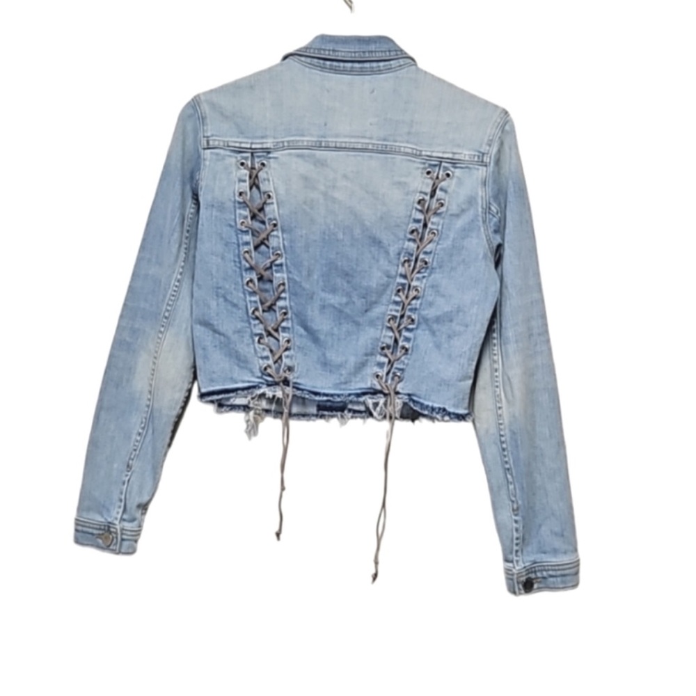 L’AGENCE Lace-Up Cropped Light Wash Denim Jacket